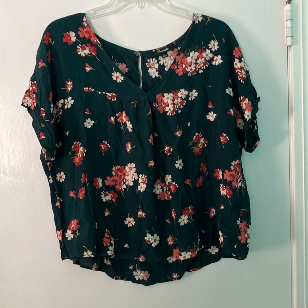 Madewell Hunter Green/ Floral Print Short Sleeve Blouse- S